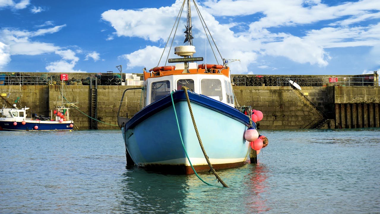 Colorful fishing boats moored at a scenic harbor under a bright sky.